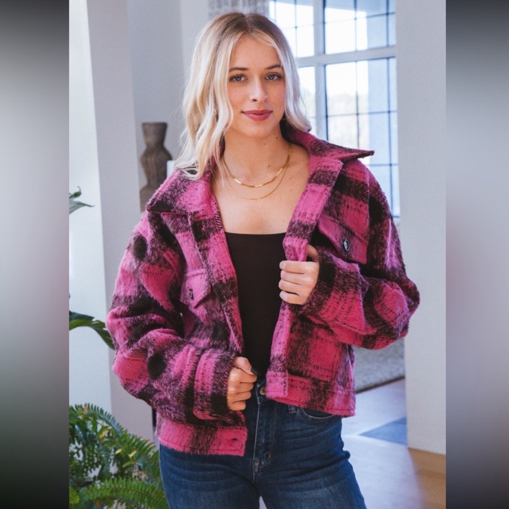 Pink and brown plaid button down jacket